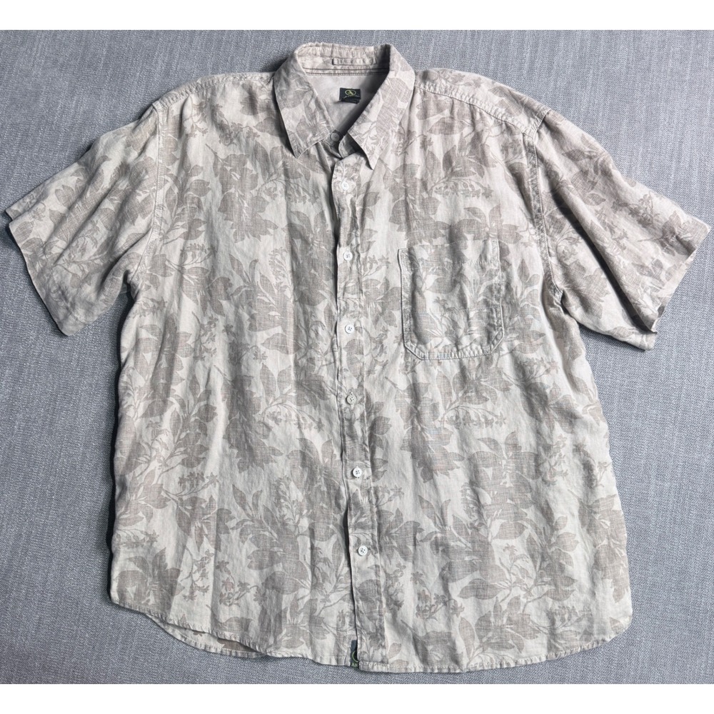 Aigle Mens XL 100% Linen Short Sleeve Button Down Shirt Floral Leaf Print Tan - Picture 1 of 3